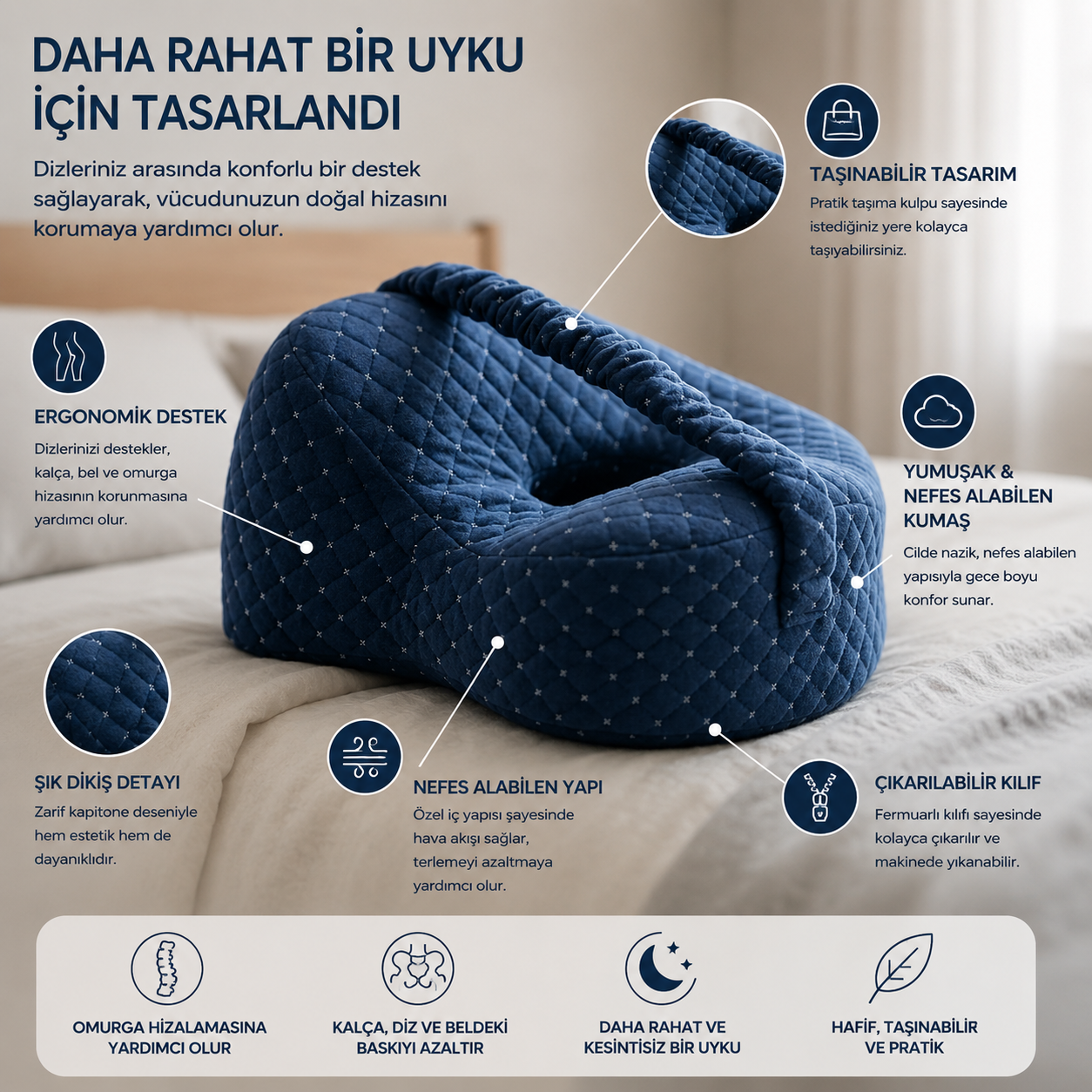 AlignSleep™ Ortopedik Diz Yastığı Yan Uyuyanlar İçin Doğal Hizalama ve Gece Boyu Konfor
