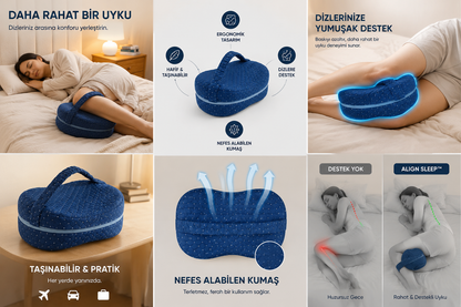 AlignSleep™ Ortopedik Diz Yastığı Yan Uyuyanlar İçin Doğal Hizalama ve Gece Boyu Konfor