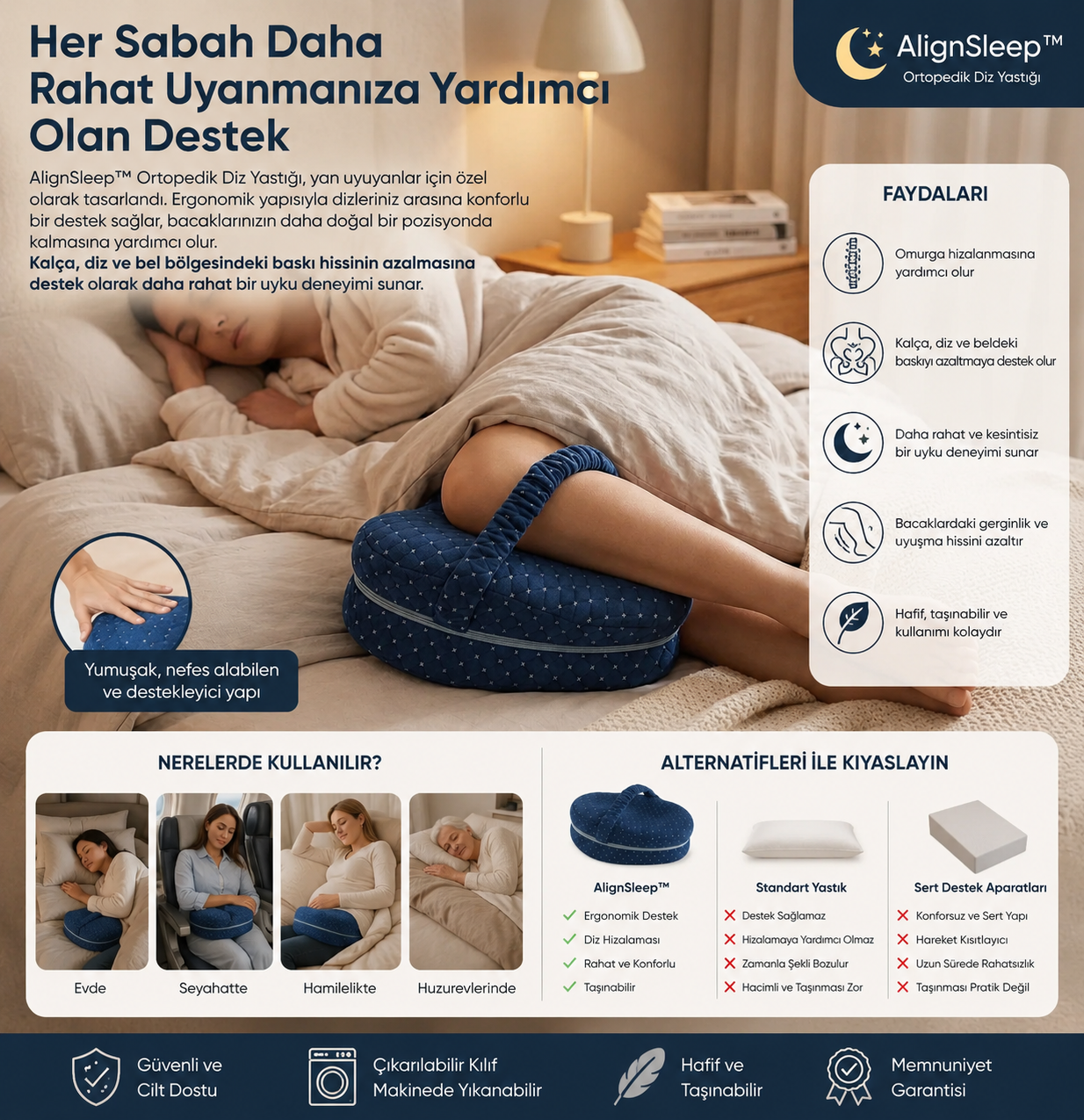 AlignSleep™ Ortopedik Diz Yastığı Yan Uyuyanlar İçin Doğal Hizalama ve Gece Boyu Konfor