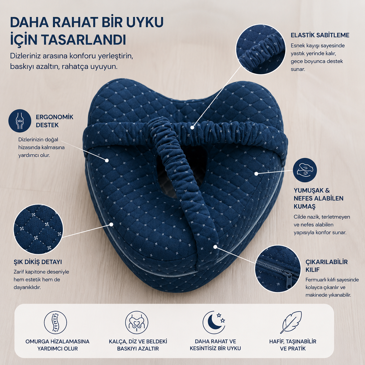 AlignSleep™ Ortopedik Diz Yastığı Yan Uyuyanlar İçin Doğal Hizalama ve Gece Boyu Konfor