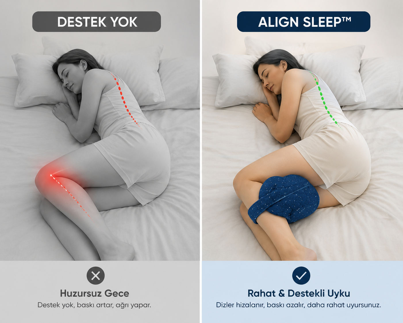 AlignSleep™ Ortopedik Diz Yastığı Yan Uyuyanlar İçin Doğal Hizalama ve Gece Boyu Konfor